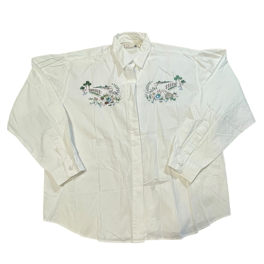 Tulchan womens size large pure cotton white button down shirt embroidered field